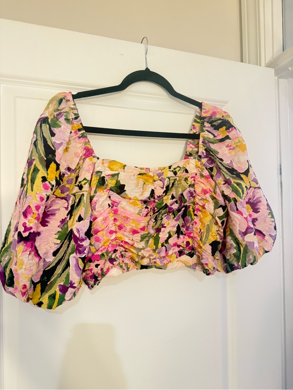 H&M Floral Puff-Sleeve Crop Top - Pink, Yellow & Green